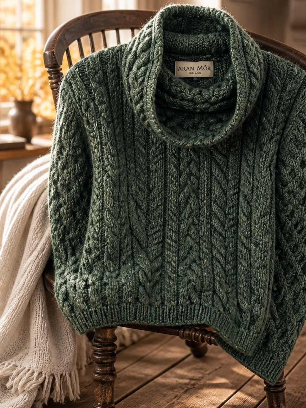 Aran Mór Women's Cable Cowl Turtleneck Sweater - Deep Green